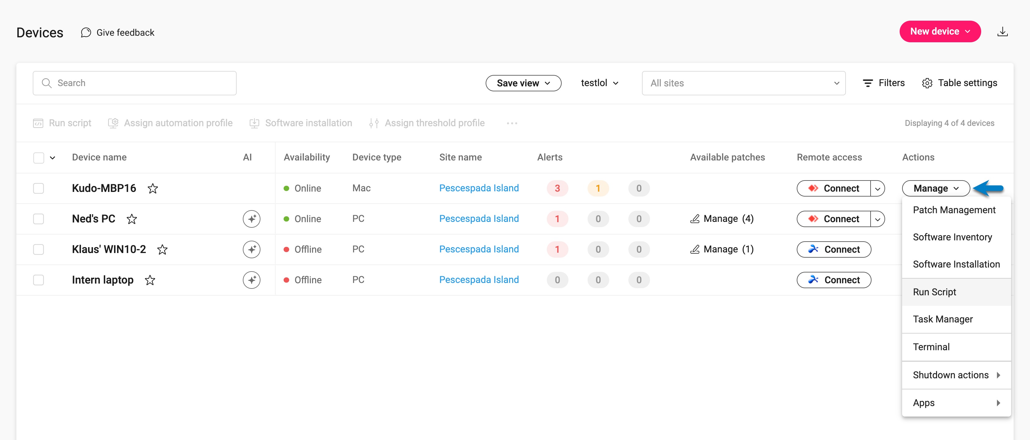 Devices page - Manage dropdown (single).jpeg