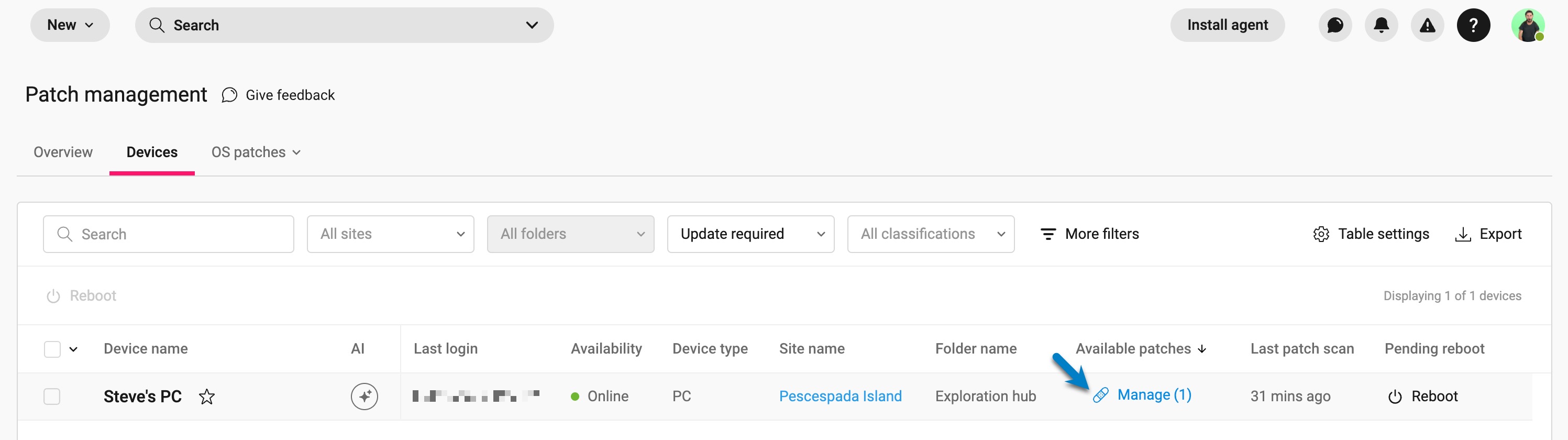 Pestaña de dispositivos > Actualización requerida, hacer clic en Parches disponibles - EN.jpg