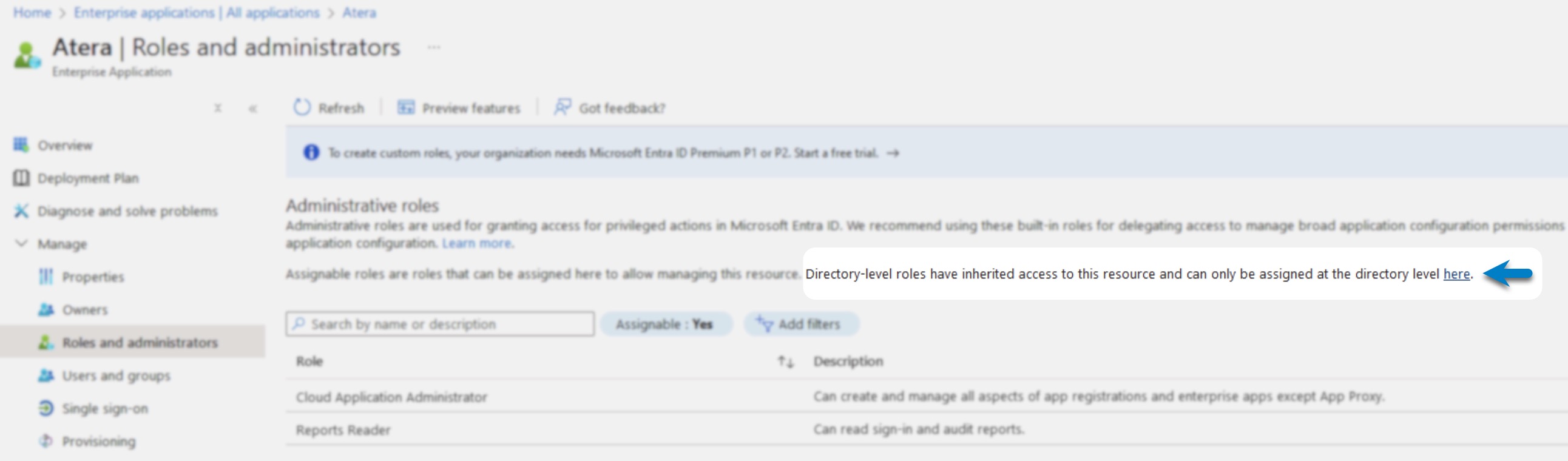 Azure AD > Atera Overview > Roles and permissions > Click here.jpg