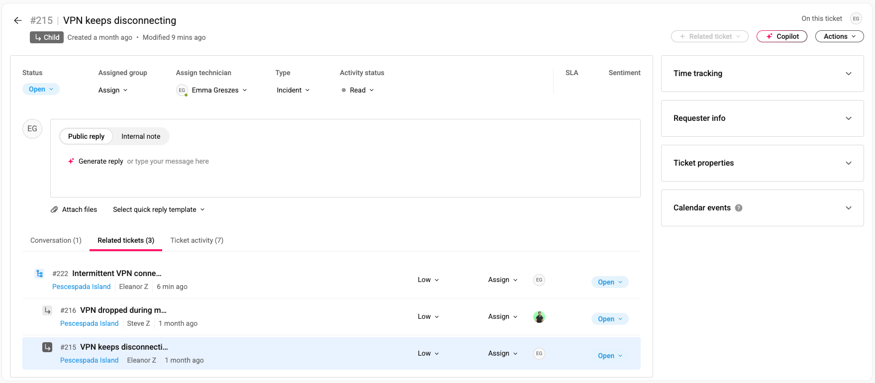 child ticket > related tickets tab (added existing parent ticket).png