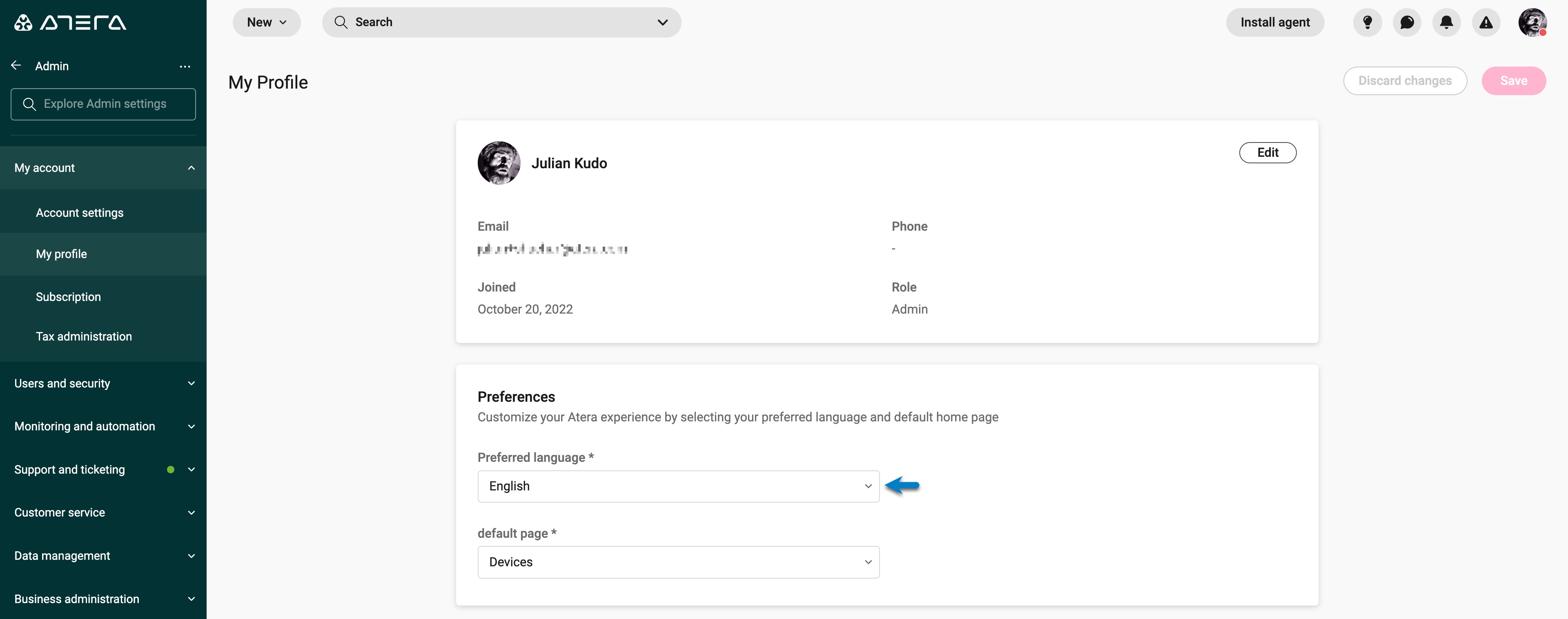 Admin > My account > My profile > click Preferred language - MSP - EN.jpg