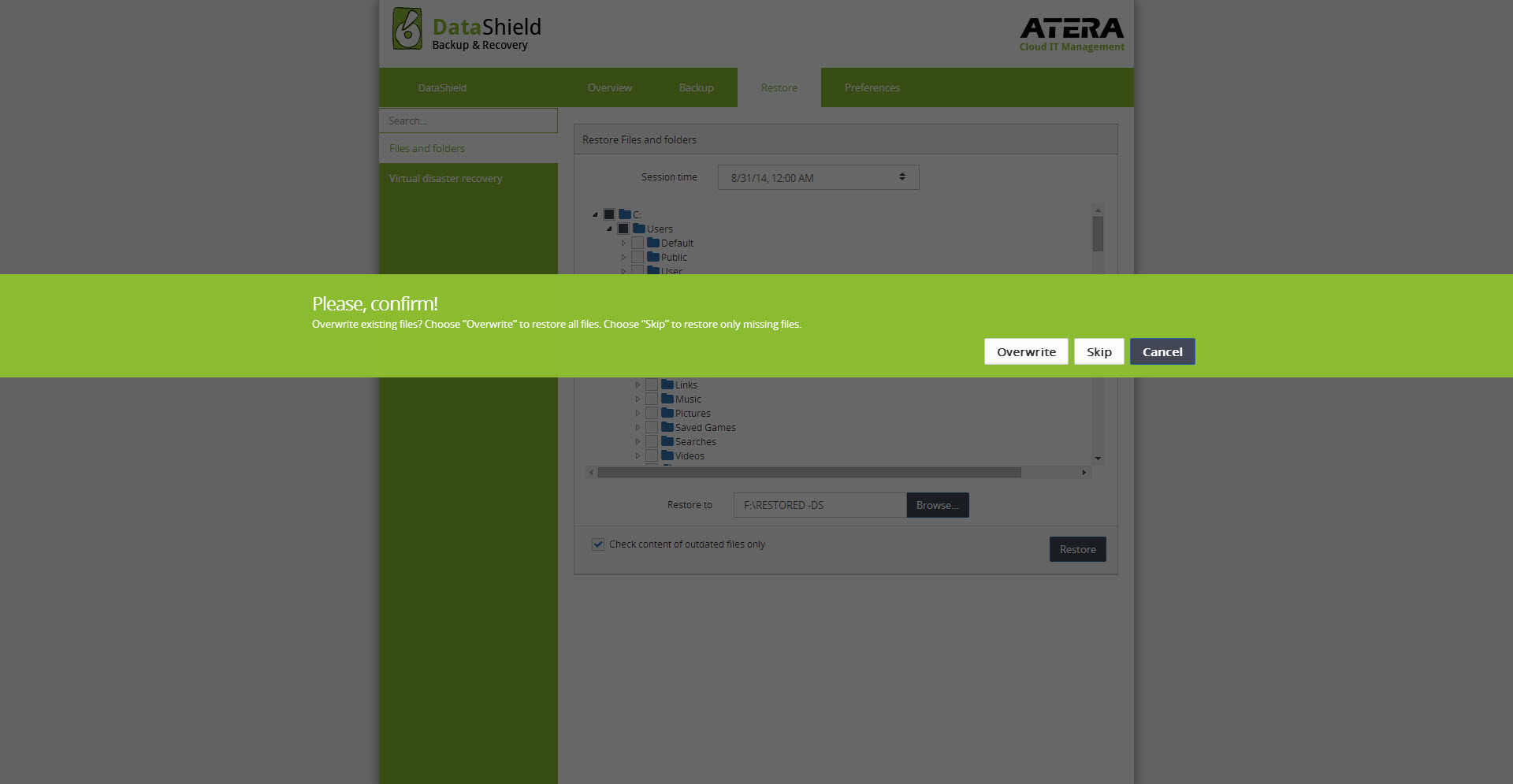 Online Backup restore confirmation
