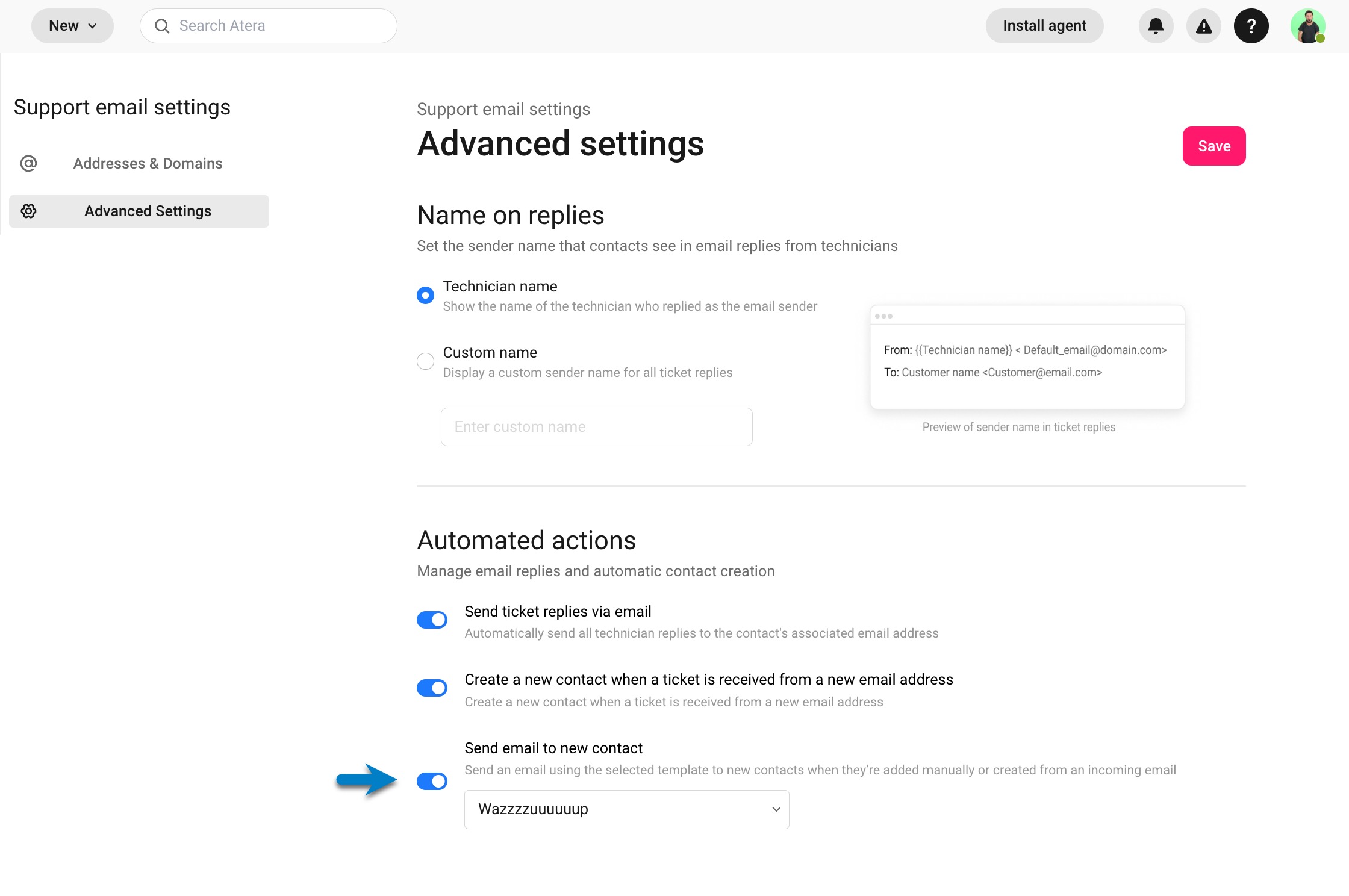 Admin > Support and ticketing > Email settings > Advanced settings > Send email to new contact.jpg