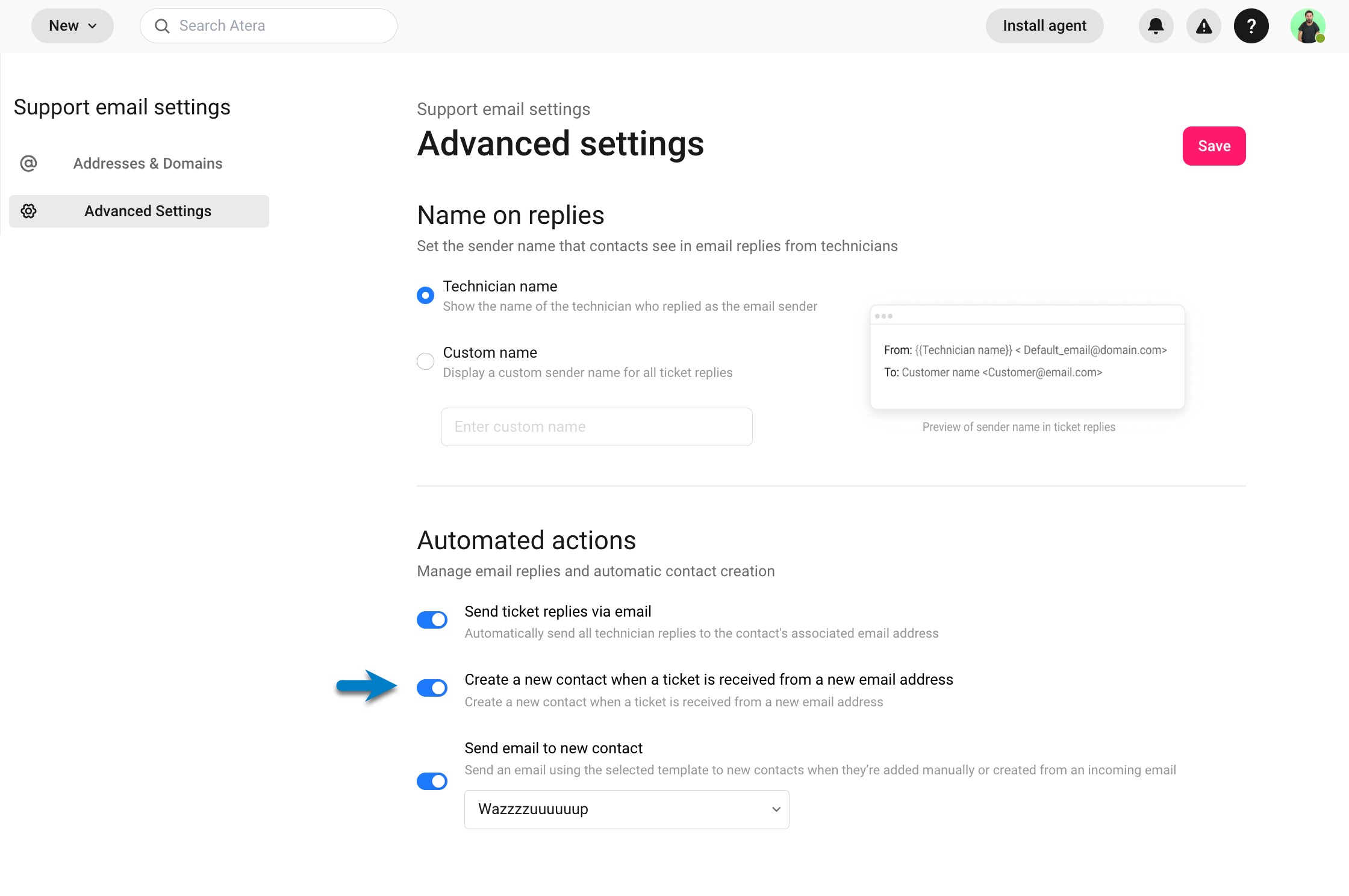 Admin > Support and ticketing > Email settings > Advanced settings > Create new contact.jpg