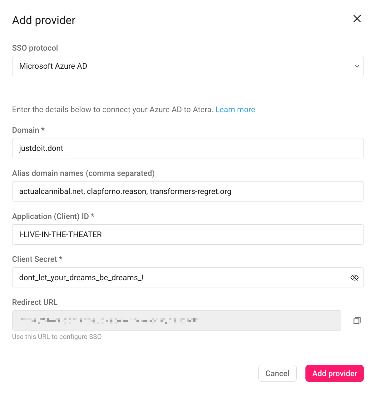 Security and authentication > Authentication > SSO > Add provider window > AAD.jpg