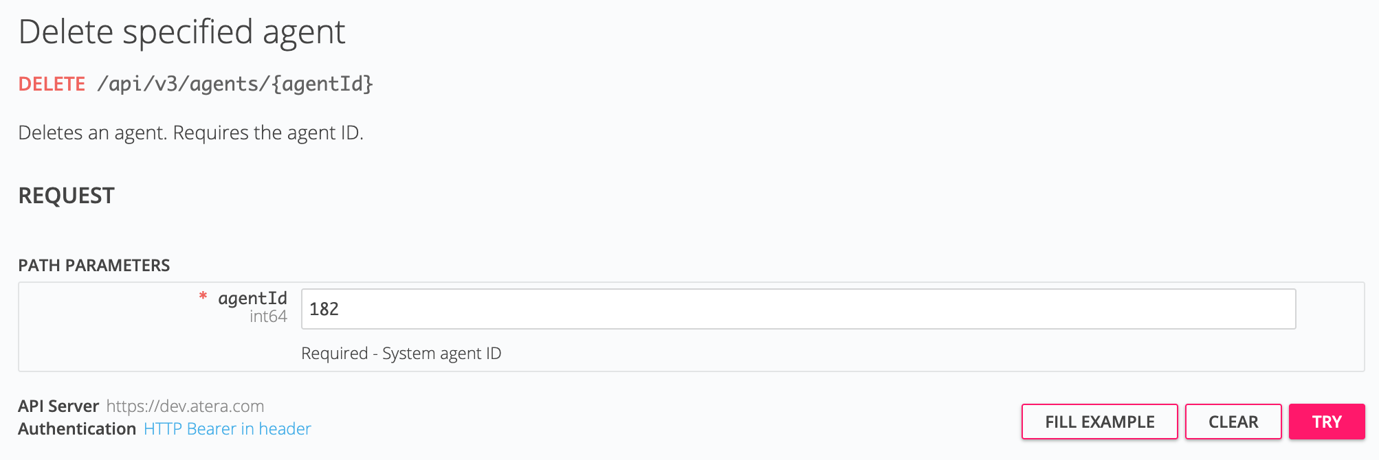 API > API doc page > Delete specified agent > Try button.png