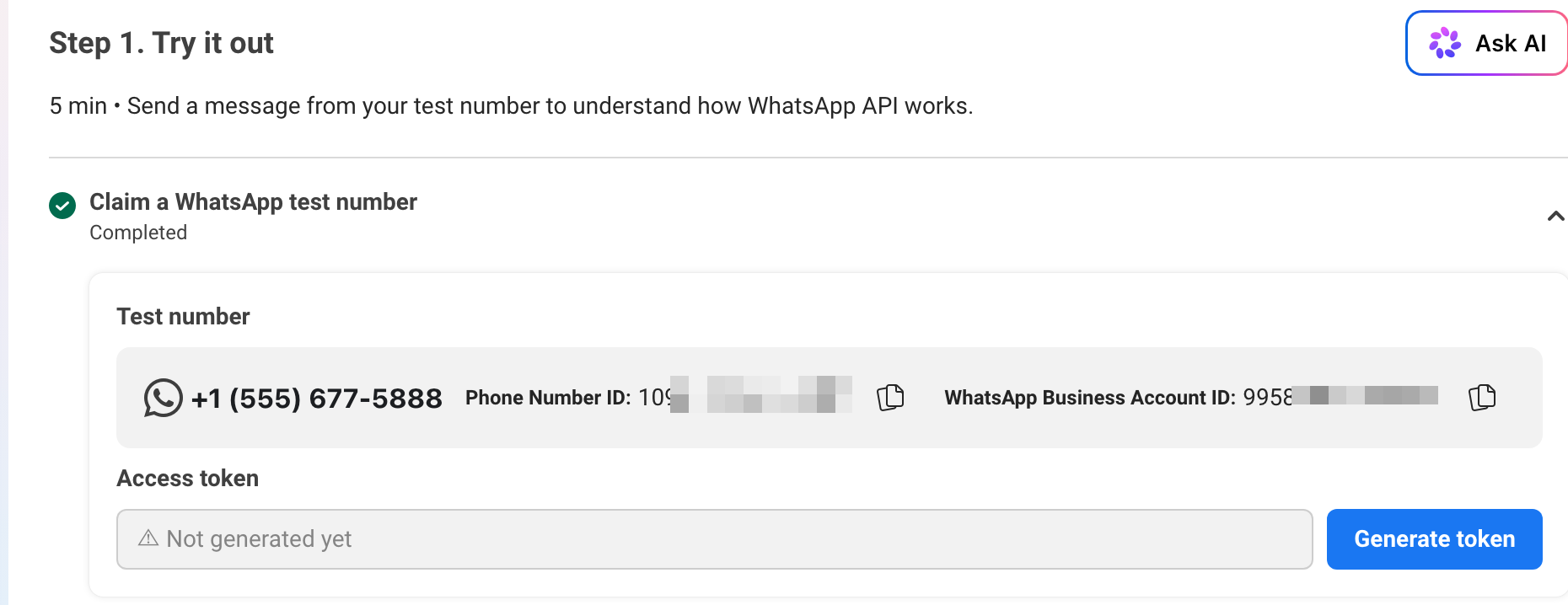 Meta for Developers > your app > WhatsApp > API Setup - Phone Number ID and WhatsApp Business Account ID shown together.