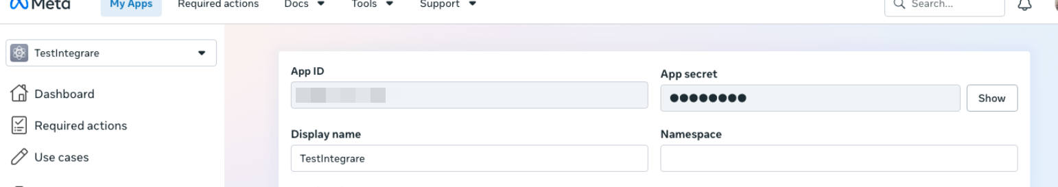 App settings > Basic - App ID (left) and App secret with the Show button (right).