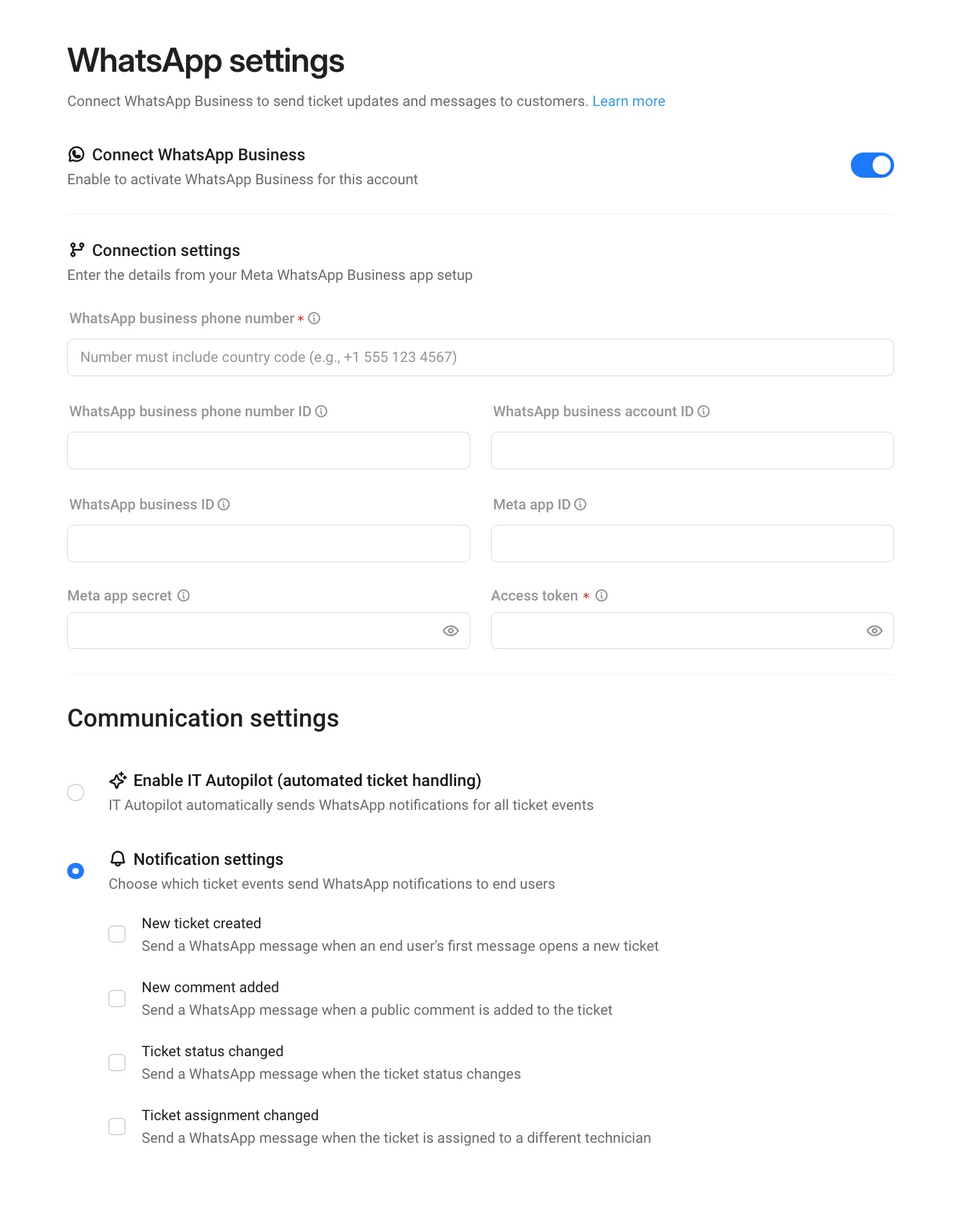 The WhatsApp settings page.