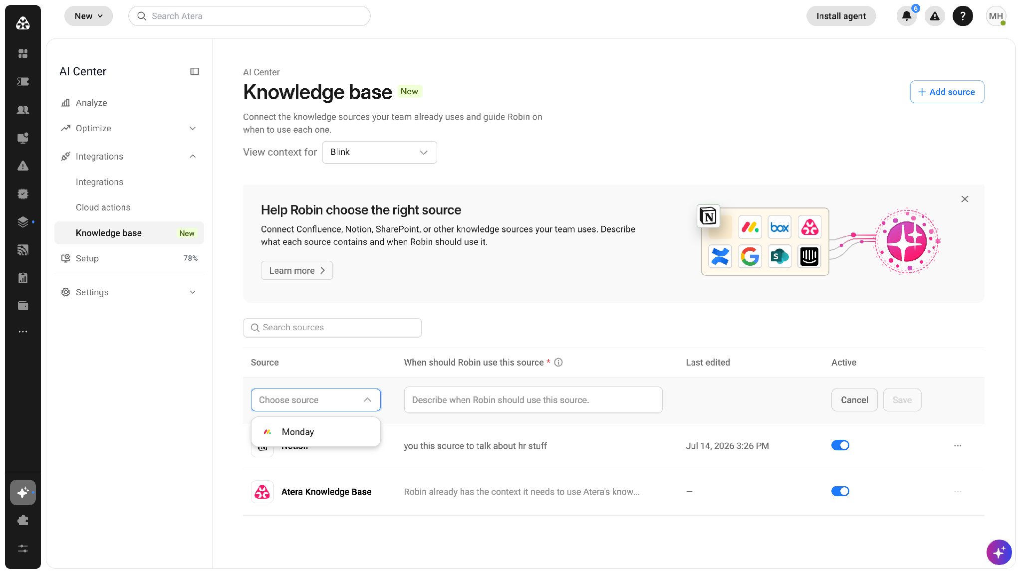 The Source dropdown open, listing connected integrations, with Save disabled