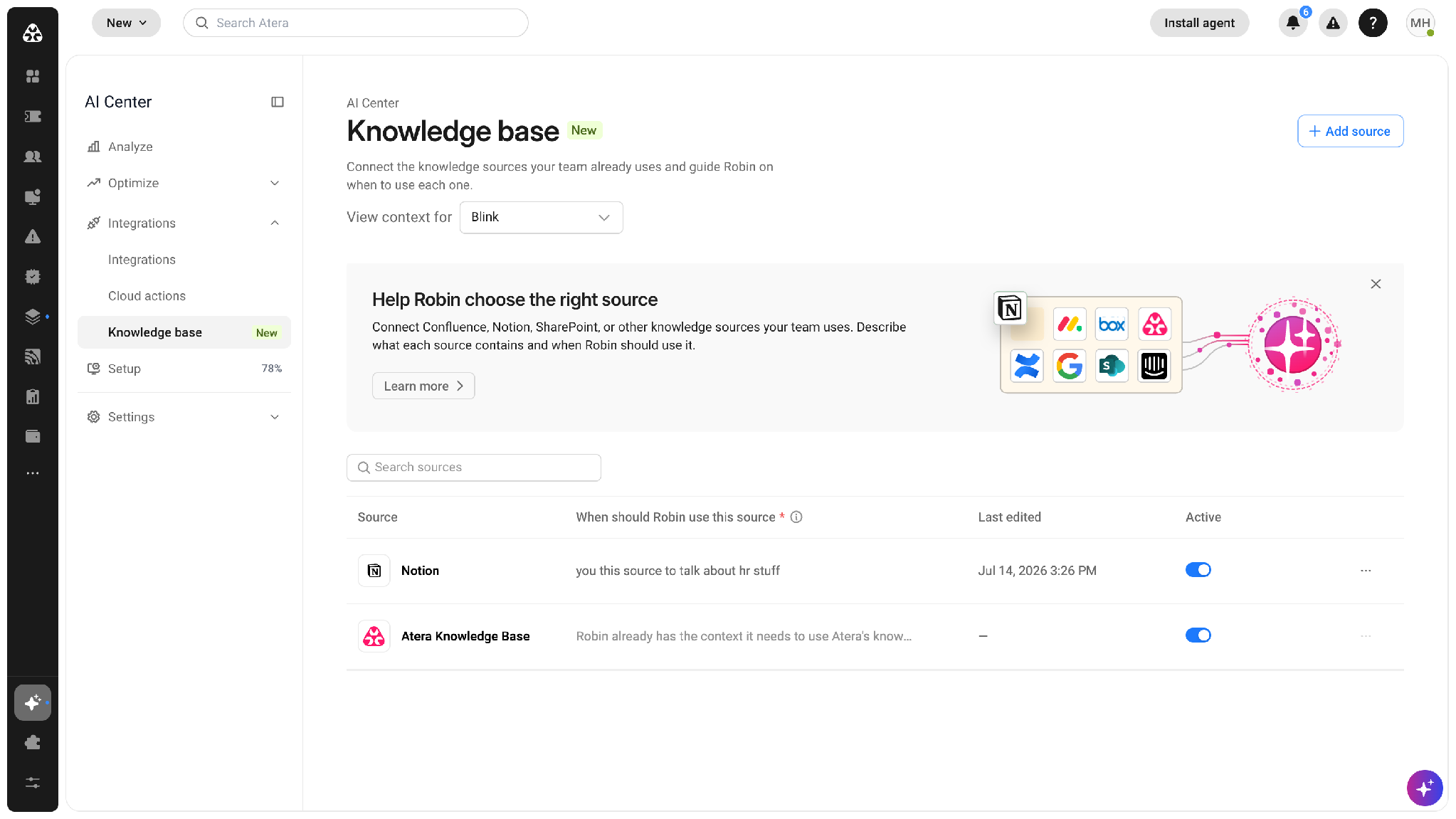 The Knowledge base page with the Atera Knowledge Base row and the onboarding banner