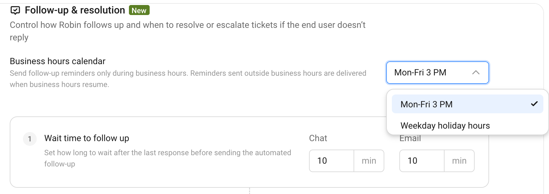 AI Center Configuration tab with the Business hours calendar list open, showing Mon-Fri 3 PM selected and Weekday holiday hours