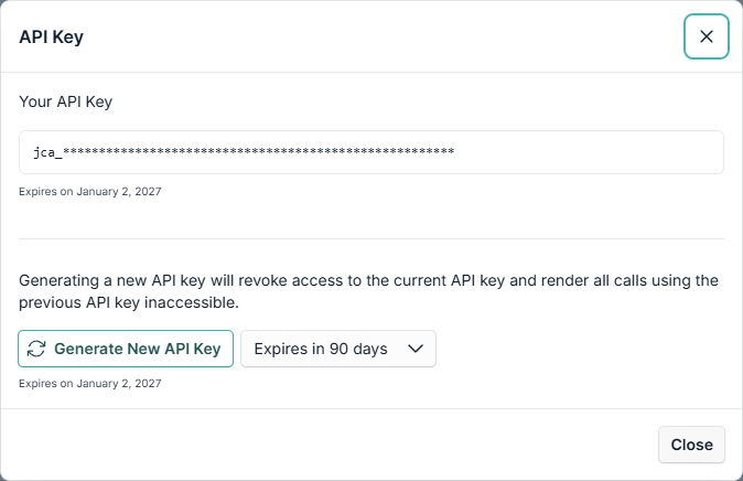 JumpCloud API Key window with Generate New API Key and the expiry dropdown
