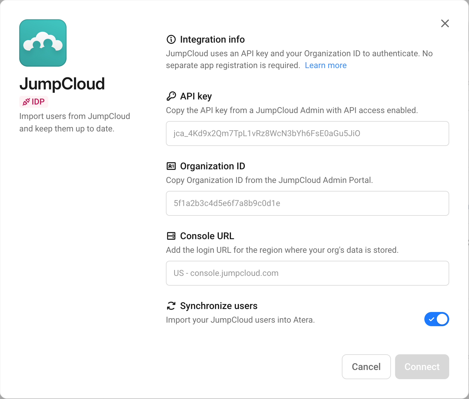 JumpCloud connection window in Atera with API key, Organization ID, Console URL, and Synchronize users