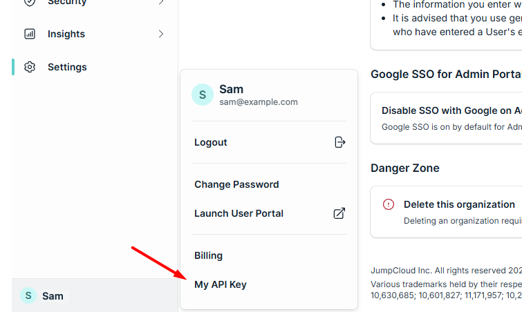 JumpCloud Admin Portal with the admin menu open and My API Key highlighted
