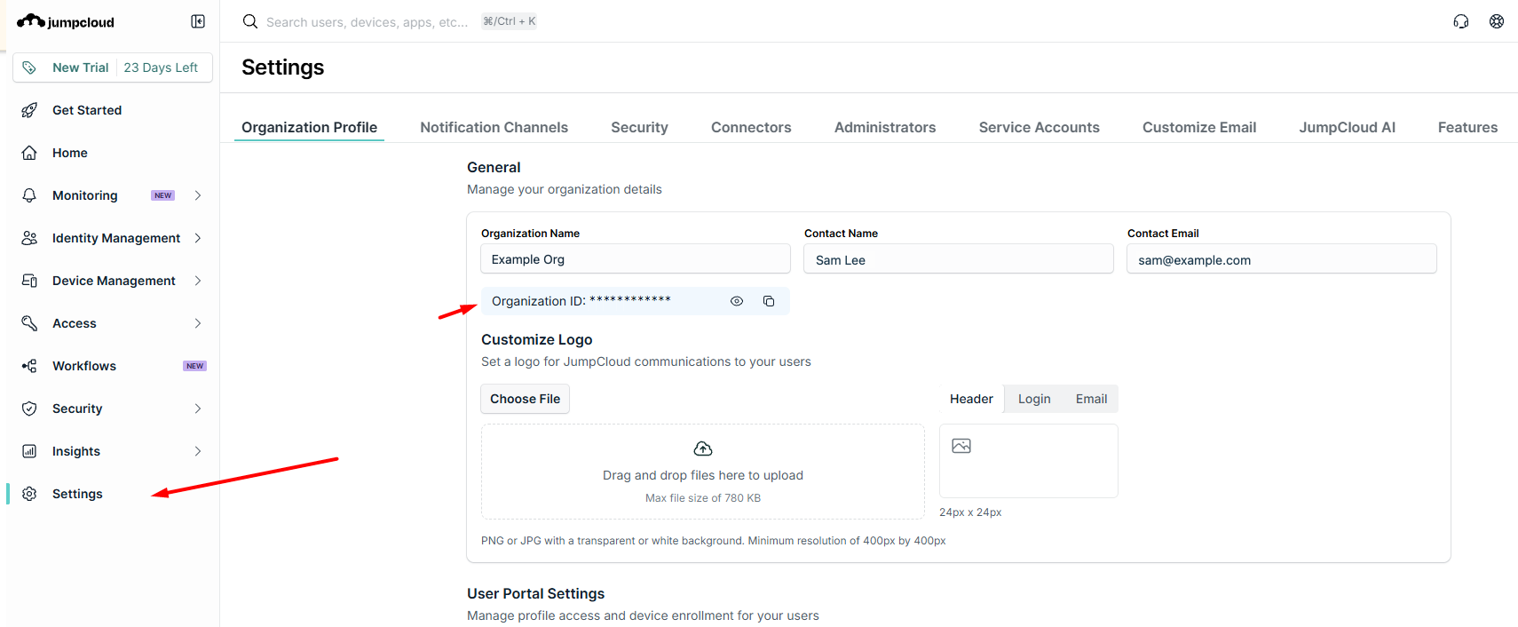 JumpCloud Organization Profile settings with the Organization ID row
