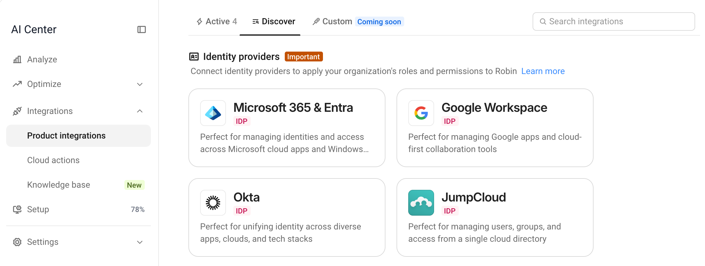 Product integrations Discover tab with the JumpCloud card under Identity providers